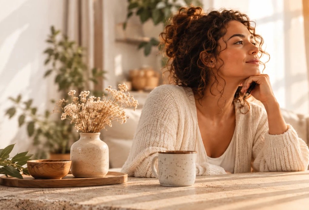 Illustrative image: a woman resting her chin on her hand, thinking, beside a cup and dried flowers
